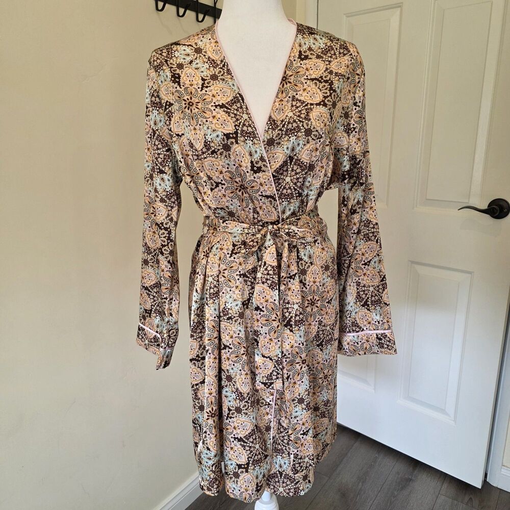 VTG Adonna Lingerie Lightweight Kimono Robe Satin Size M Midi Paisley Floral